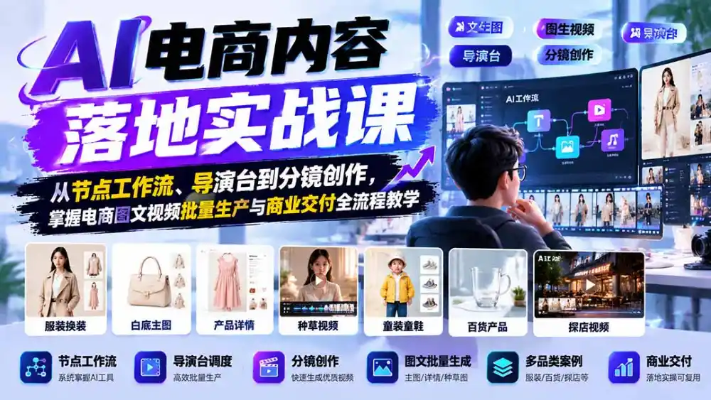 AI电商内容落地实战课：从节点工作流、导演台到分镜创作，掌握电商图文视频批量生产与商业交付全流程教学-三禾网络