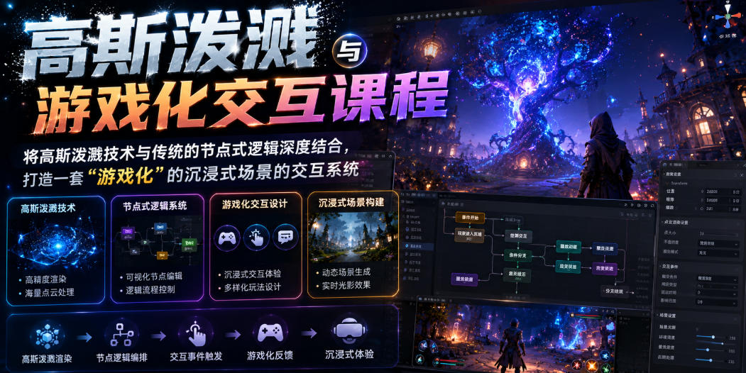 高斯泼溅与游戏化交互课程，将高斯泼溅技术与传统的节点式逻辑深度结合，打造一套“游戏化”的沉浸式场景的交互系统-三禾网络