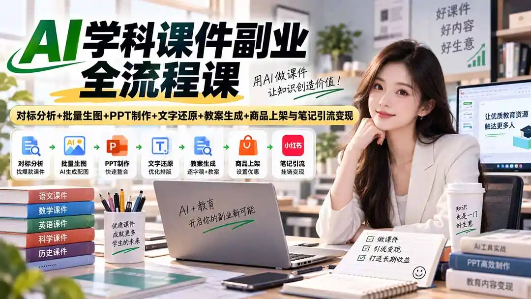 AI学科课件副业全流程课｜对标分析+批量生图+PPT制作+文字还原+教案生成+商品上架与笔记引流变现-三禾网络