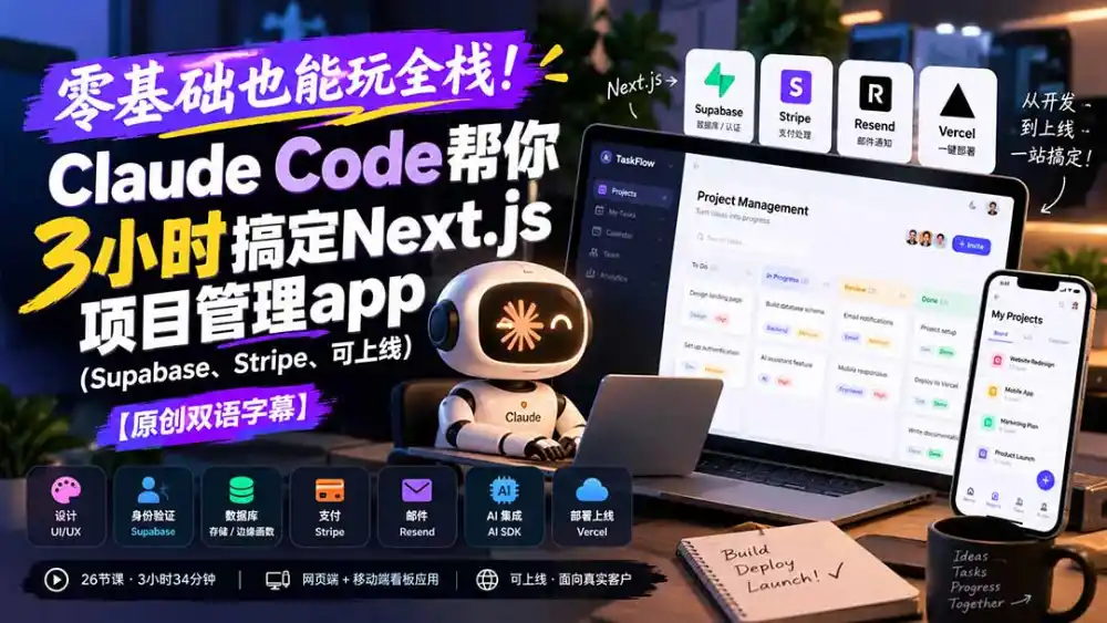零基础也能玩全栈!Claude Code帮你3小时搞定Next.js项目管理app(Supabase、Stripe、可上线-三禾网络