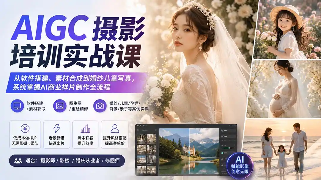 AIGC摄影培训实战课：从软件搭建、素材合成到婚纱儿童写真，系统掌握AI商业样片制作全流程-三禾网络
