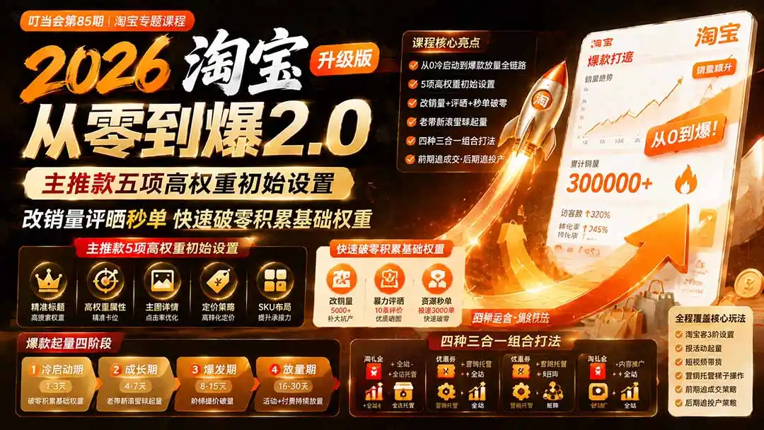 2026淘宝从零到爆2.0第85期；主推款五项高权重初始设置，改销量评晒秒单快速破零积累基础权重-三禾网络
