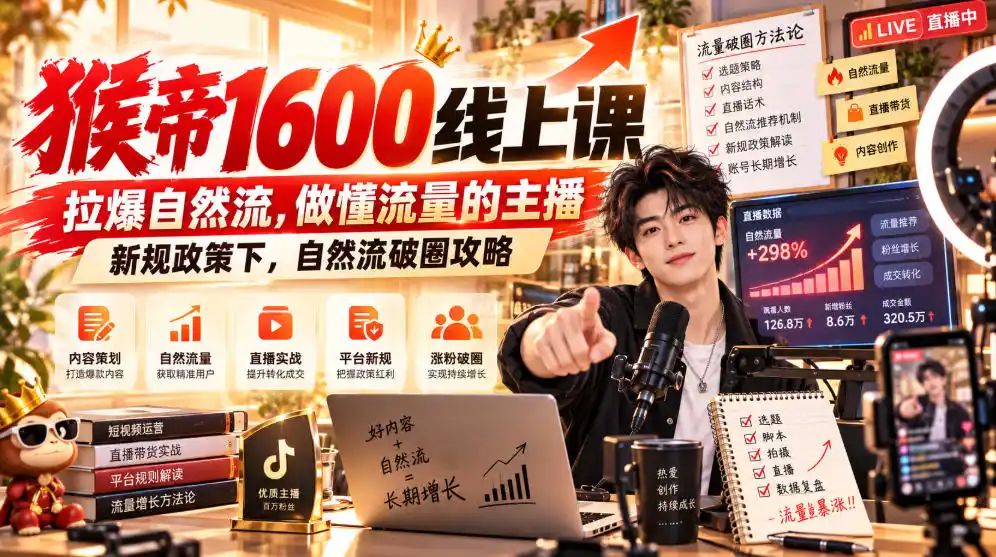 猴帝1600线上课，拉爆自然流，做懂流量的主播，新规政策下，自然流破圈攻略【更新261017】-三禾网络