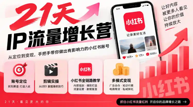 21天IP流量增长营，小红书全链路教学，账号定位剪辑实操，多模式变现系统课-三禾网络