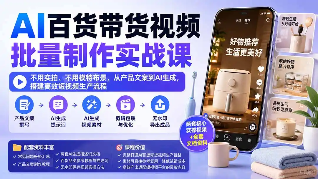 AI百货带货视频批量制作实战课：不用实拍、不用模特布景，从产品文案到AI生成，搭建高效短视频生产流程-三禾网络