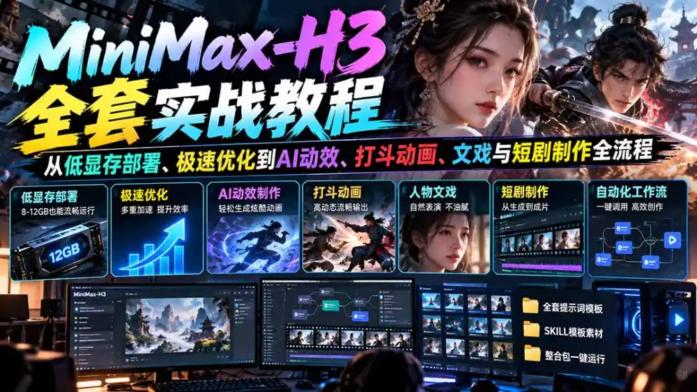 MiniMax-H3全套实战教程：从低显存部署、极速优化到AI动效、打斗动画、文戏与短剧制作全流程-三禾网络