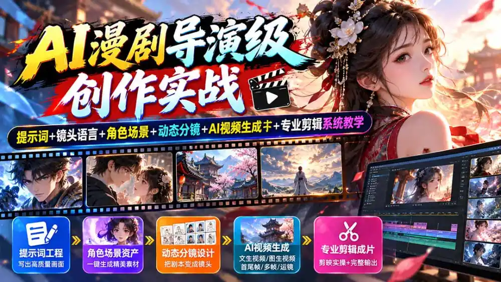 AI漫剧导演级创作实战：提示词+镜头语言+角色场景+动态分镜+AI视频生成+专业剪辑系统教学-三禾网络
