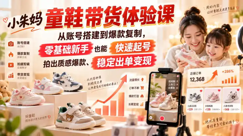 小朱妈童鞋带货体验课,从账号搭建到爆款复制,零基础新手也能快速起号、拍出质感爆款、稳定出单变现-三禾网络