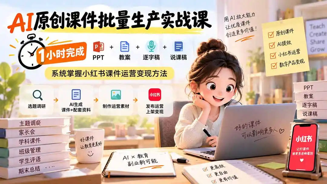 AI原创课件批量生产实战课:1小时完成PPT+教案+逐字稿+说课稿,系统掌握小红书课件运营变现方法 AI原创课件批量生产实战课:1小时完成PPT+教案+逐字稿+说课稿,系统掌握小红书课件运营变现方法