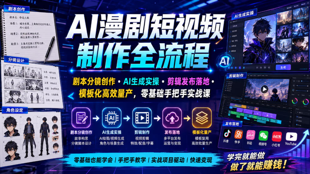 AI漫剧短视频制作全流程｜剧本分镜创作・AI生成实操・剪辑发布落地・模板化高效量产，零基础手把手实战课-三禾网络