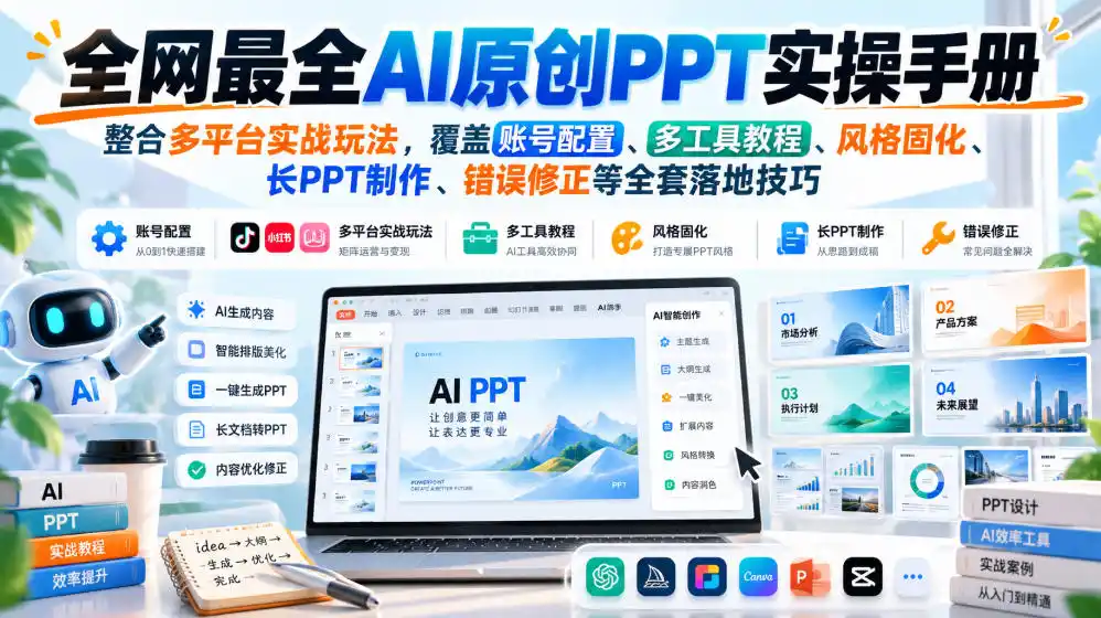 全网最全AI原创PPT实操手册,整合多平台实战玩法,覆盖账号配置、多工具教程、风格固化、长PPT制作、错误修正等全套落地技巧-三禾网络