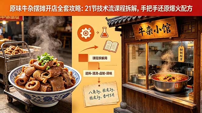 原味牛杂摆摊开店全套攻略：21节技术流课程拆解，手把手还原爆火配方-三禾网络