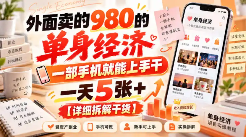 外面卖的980的单身经济，一部手机就能上手干，一天5张+【详细拆解干货】-三禾网络