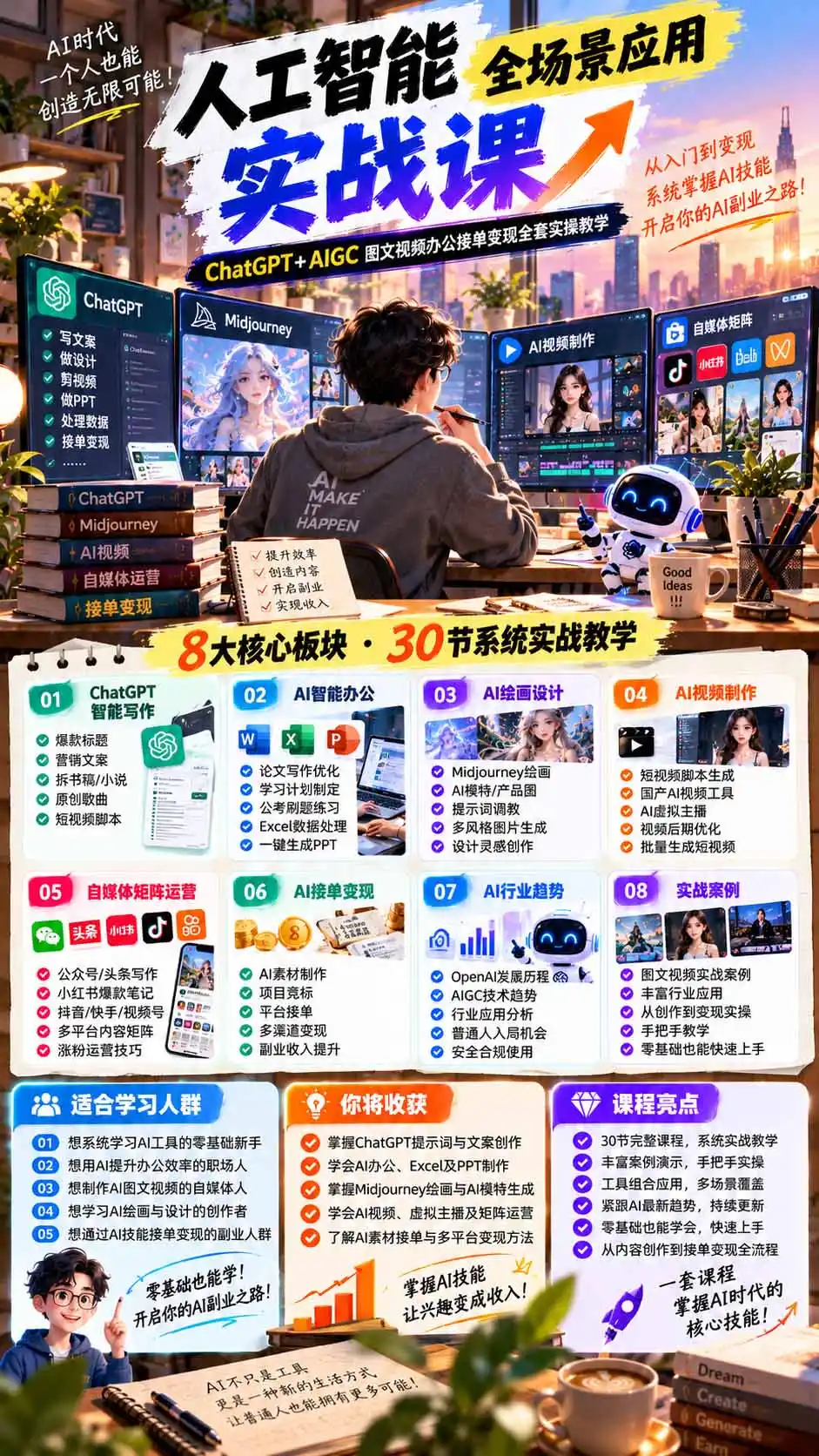 一个人掌握AI写作设计剪辑全套技能：从ChatGPT办公、AI绘画到虚拟主播、自媒体运营及接单变现-三禾网络