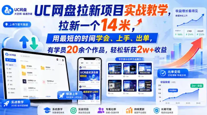 UC网盘拉新项目实战教学，拉新一个14米，用最短的时间学会、上手、出单，有学员20余个作品，轻松斩获2w+收益-三禾网络