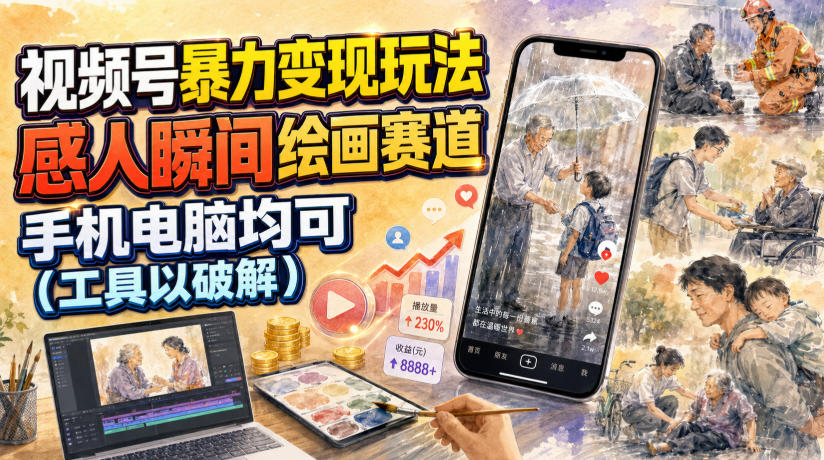 视频号暴力变现玩法，感人瞬间绘画赛道，手机电脑均可-三禾网络