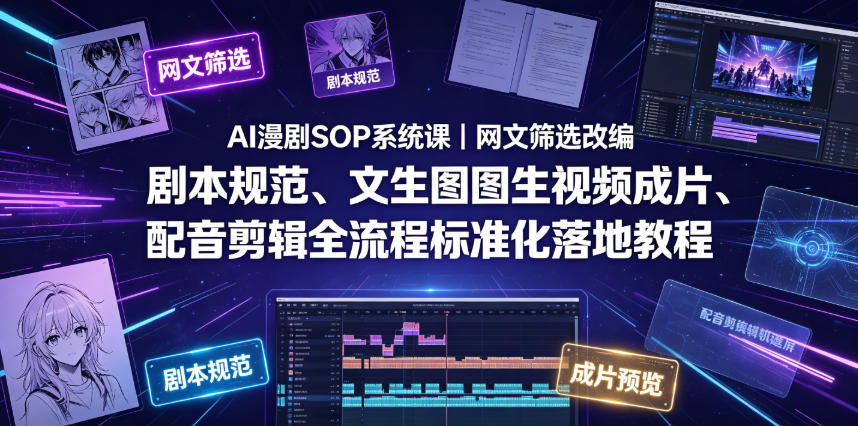 AI漫剧SOP系统课｜网文筛选改编、剧本规范、文生图图生视频成片、配音剪辑全流程标准化落地教程-三禾网络