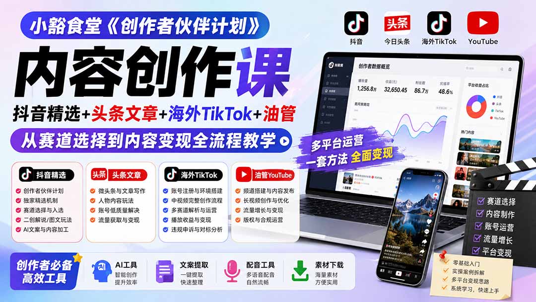 小豁食堂《创作者伙伴计划》内容创作课:抖音精选+头条文章+海外TikTok+油管,从赛道选择到内容变现全流程教学-三禾网络