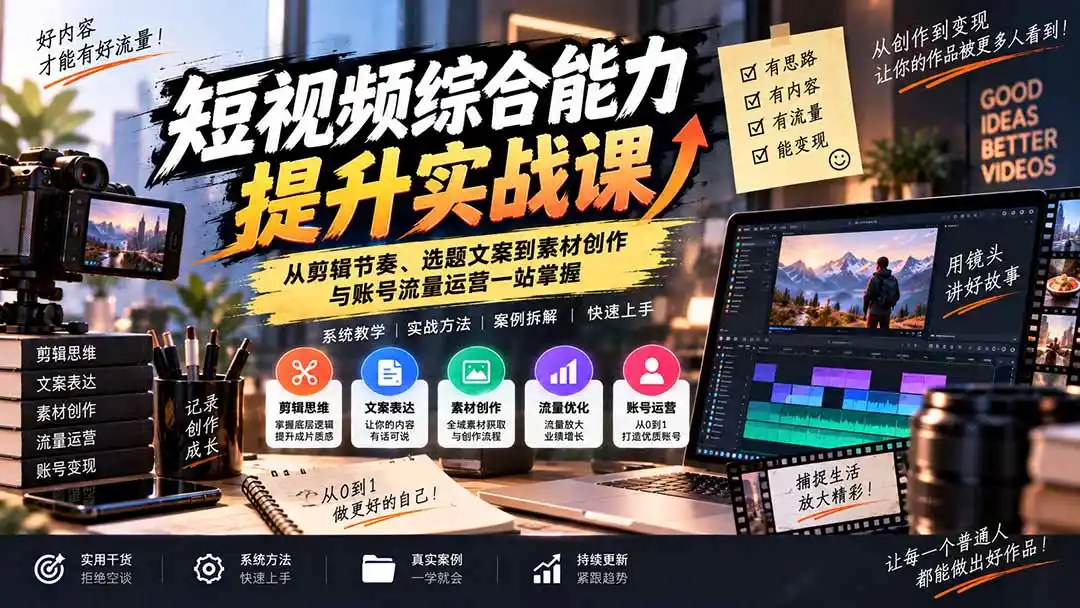 短视频综合能力提升实战课：从剪辑节奏、选题文案到素材创作与账号流量运营一站掌握-三禾网络