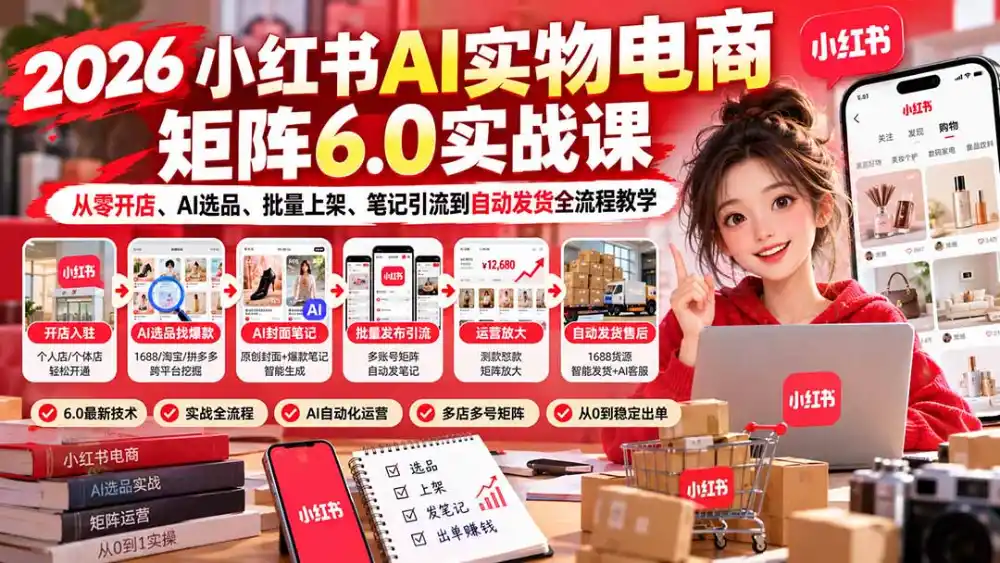 2026小红书AI实物电商矩阵6.0实战课：从零开店、AI选品、批量上架、笔记引流到自动发货全流程教学-三禾网络