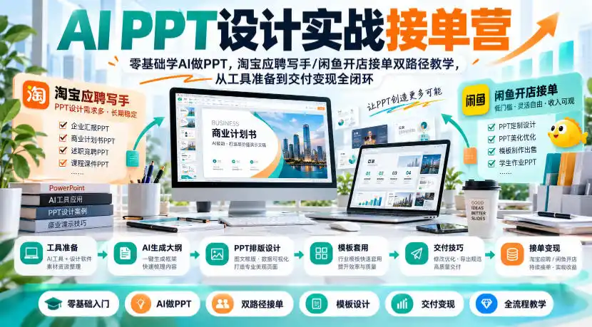 AI PPT设计实战接单营｜零基础学AI做PPT，淘宝应聘写手/闲鱼开店接单双路径教学，从工具准备到交付变现全闭环-三禾网络