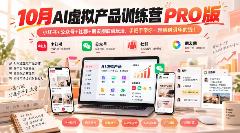 10月AI虚拟产品训练营PRO版，小红书+公众号+社群+朋友圈联动玩法，手把手带你一起赚到明年的钱！-三禾网络