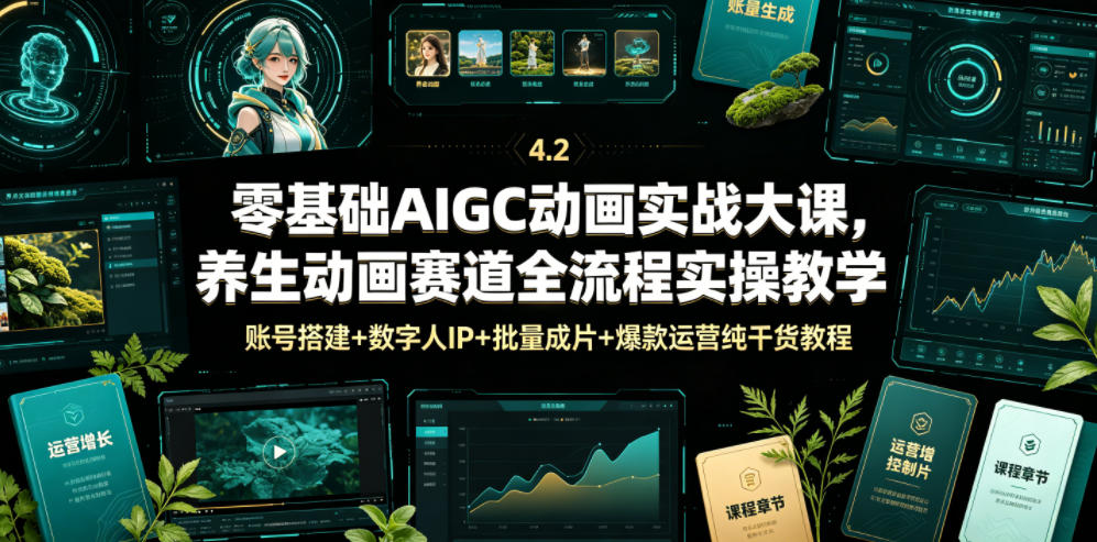 零基础AIGC动画实战大课,养生动画赛道全流程实操教学,账号搭建+数字人IP+批量成片+爆款运营纯干货教程-三禾网络
