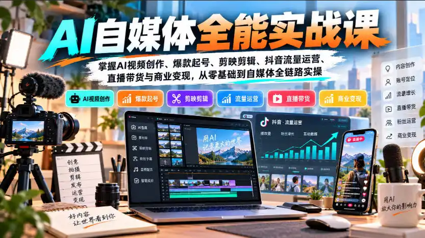 【无水印】AI自媒体全能实战课，掌握AI视频创作、爆款起号、剪映剪辑、抖音流量运营、直播带货与商业变现，从零基础到自媒体全链路实操-三禾网络