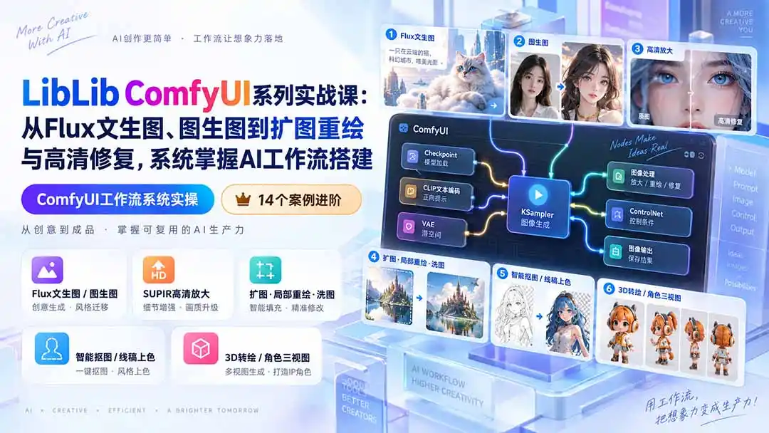 LibLib ComfyUI系列实战课：从Flux文生图、图生图到扩图重绘与高清修复，系统掌握AI工作流搭建-三禾网络