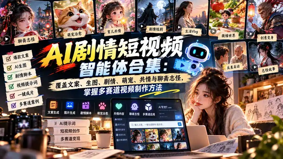 【无水印】AI剧情短视频智能体合集：覆盖文案、生图、剧情、萌宠、共情与聊斋志怪，掌握多赛道视频制作方法-三禾网络