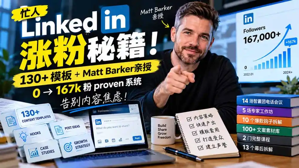 【无水印】忙人LinkedI 涨粉秘籍！130+模板+Matt Barker亲授：0→167k粉proven系统，告别内容焦虑【原创双语字幕】-三禾网络