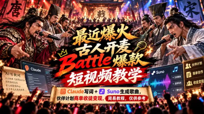 最近爆火古人开麦Battle爆款短视频教学，Claude写词+Suno生成歌曲，伙伴计划商单收徒变现，简易教程，仅供参考-三禾网络