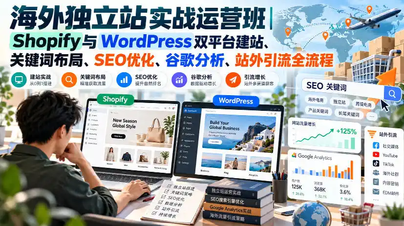 海外独立站实战运营班｜Shopify与WordPress双平台建站、关键词布局、SEO优化、谷歌分析、站外引流全流程-三禾网络
