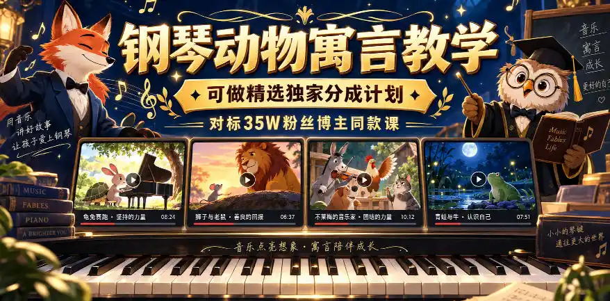 钢琴动物寓言教学，可做精选独家分成计划，对标35W粉丝博主同款课-三禾网络