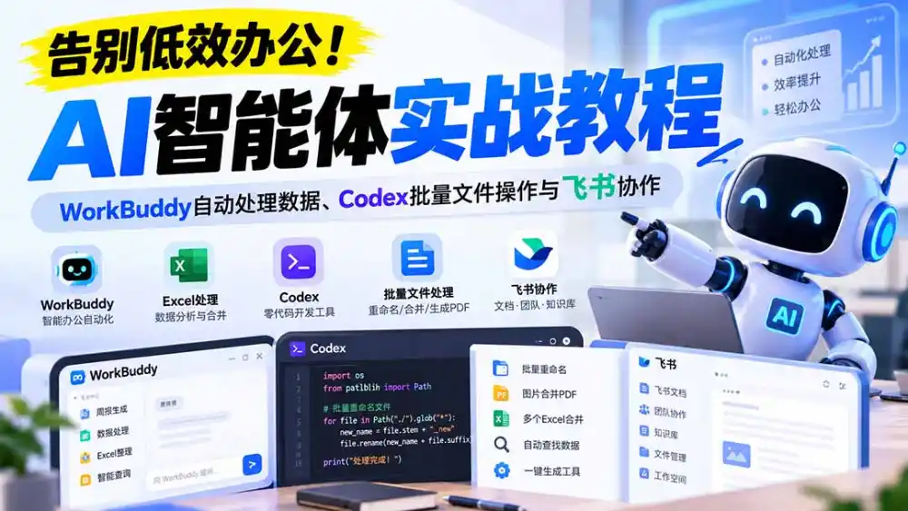 【无水印】告别低效办公!《AI智能体实战教程》WorkBuddy自动处理数据、Codex批量文件操作与飞书协作 【无水印】告别低效办公!《AI智能体实战教程》WorkBuddy自动处理数据、Codex批量文件操作与飞书协作