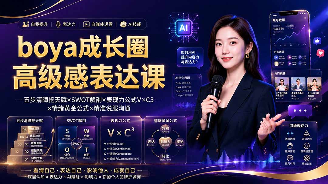 boya成长圈｜内心成长高级表达AI自媒体三合一，消解内耗挖掘天赋，镜头沟通AI指令短视频全流程教学-三禾网络