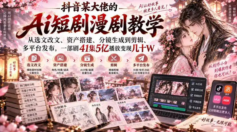 抖音某大佬的Ai短剧漫剧教学，从选文改文、资产搭建、分镜生成到剪辑、多平台发布，一部剧41集5亿播放变现几十W-三禾网络