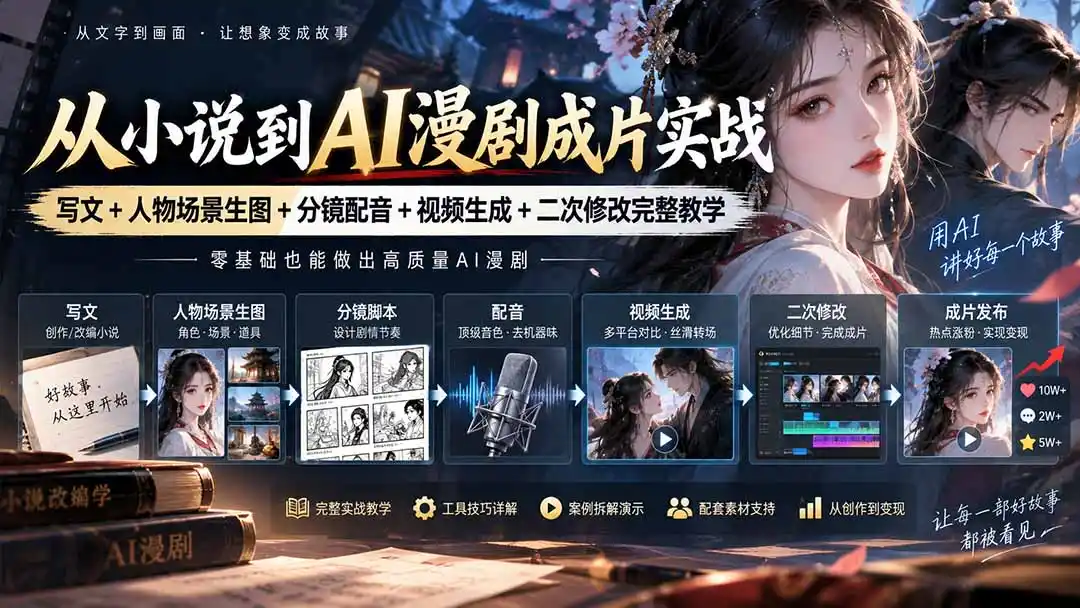 从小说到AI漫剧成片实战：写文+人物场景生图+分镜配音+视频生成+二次修改完整教学-三禾网络
