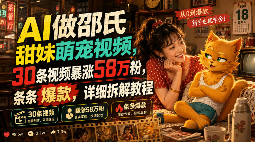 AI做邵氏甜妹萌宠视频，30条视频暴涨58万粉，条条爆款，详细拆解教程-三禾网络