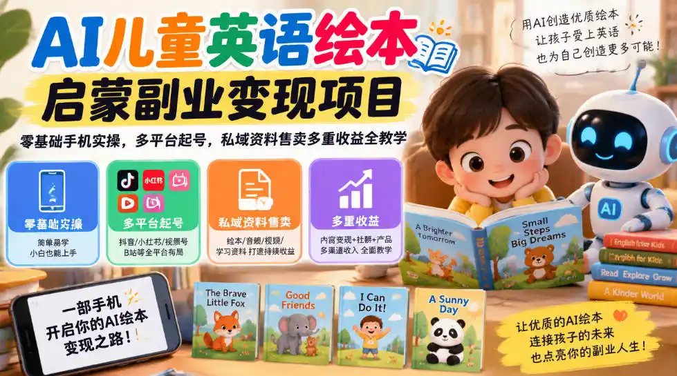 AI儿童英语绘本启蒙副业变现项目，零基础手机实操，多平台起号，私域资料售卖多重收益全教学-三禾网络
