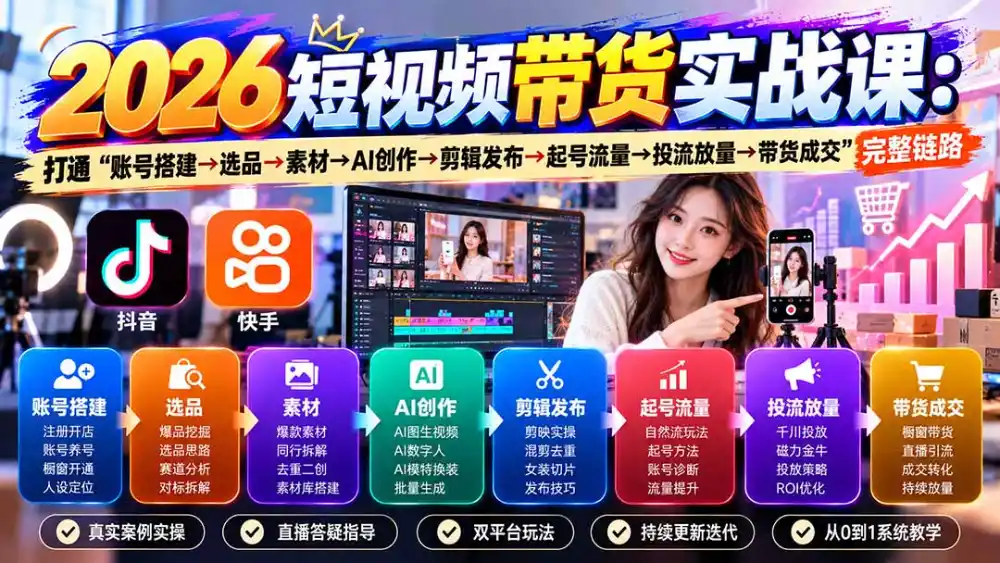 2026短视频带货实战课9月：打通“账号搭建→选品→素材→AI创作→剪辑发布→起号流量→投流放量→带货成交”完整链路-三禾网络