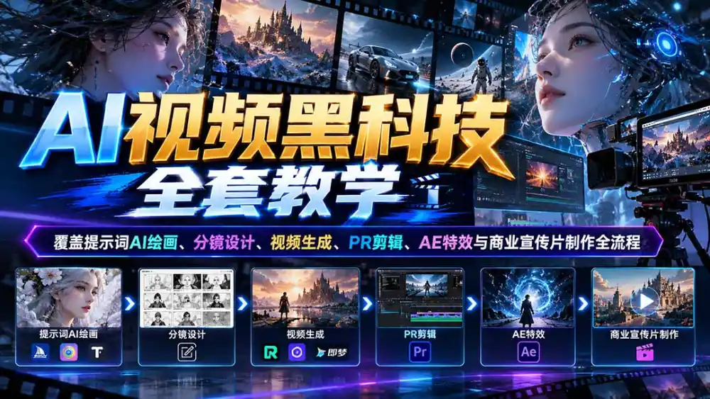 AI视频黑科技全套教学：覆盖提示词AI绘画、分镜设计、视频生成、PR剪辑、AE特效与商业宣传片制作全流程-三禾网络