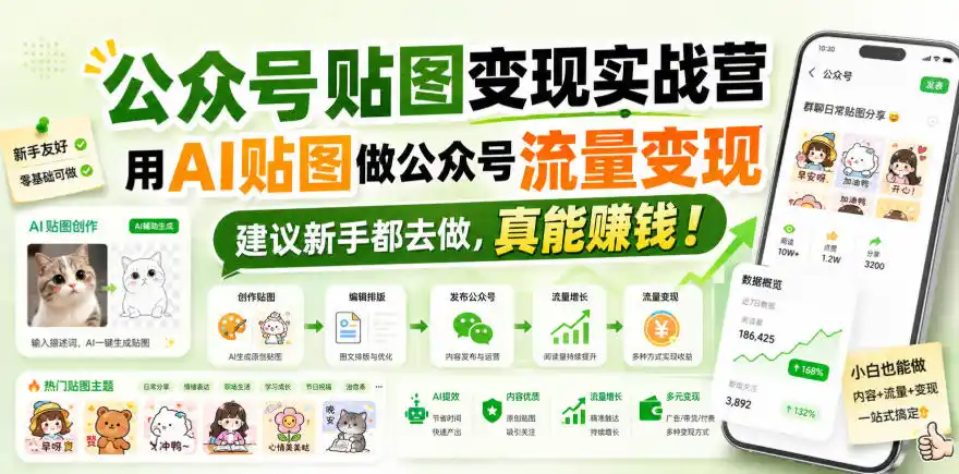 公众号贴图变现实战营，用AI贴图做公众号流量变现，建议新手都去做，真能賺钱！-三禾网络