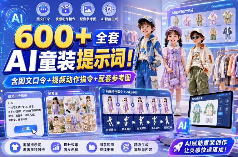600+全套AI童装提示词！含图文口令+视频动作指令+配套参考图，Word-Excel规整分类，童装电商、种草无脑量产内容！-三禾网络