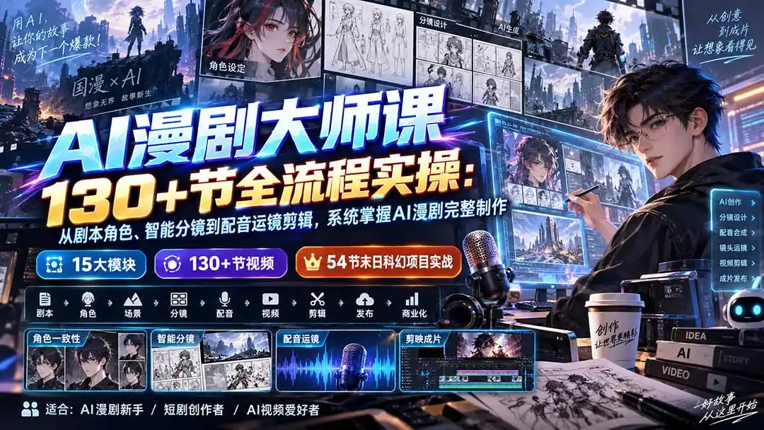 AI漫剧大师课130+节全流程实操:从剧本角色、智能分镜到配音运镜剪辑,系统掌握AI漫剧完整制作 AI漫剧大师课130+节全流程实操:从剧本角色、智能分镜到配音运镜剪辑,系统掌握AI漫剧完整制作