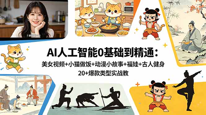 AI人工智能0基础到精通：美女视频+小猫做饭+动漫小故事+福娃+古人健身，20+爆款类型实战教学-三禾网络