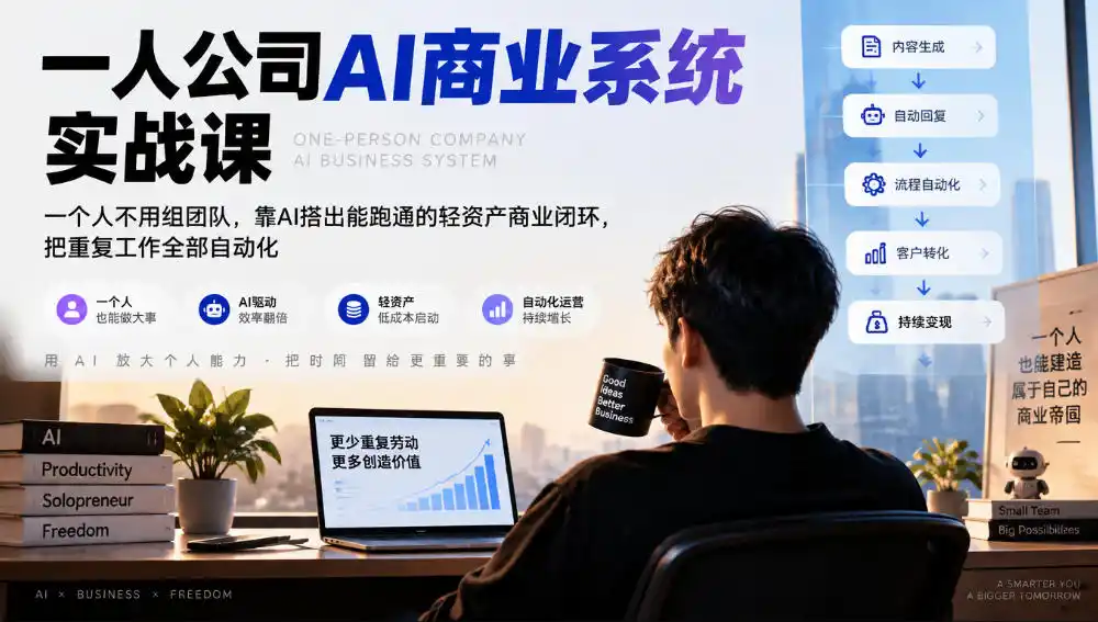 一人公司AI商业系统实战课,一个人不用组团队,靠AI搭出能跑通的轻资产商业闭环,把重复工作全部自动化-三禾网络