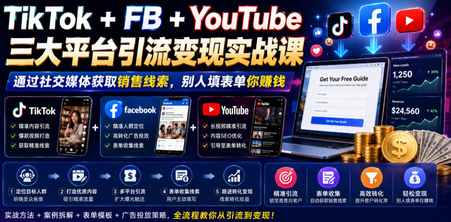 TikTok+FB+YouTube三大平台引流变现实战课，通过社交媒体获取销售线索，别人填表单你賺钱【原创双语字幕】-三禾网络