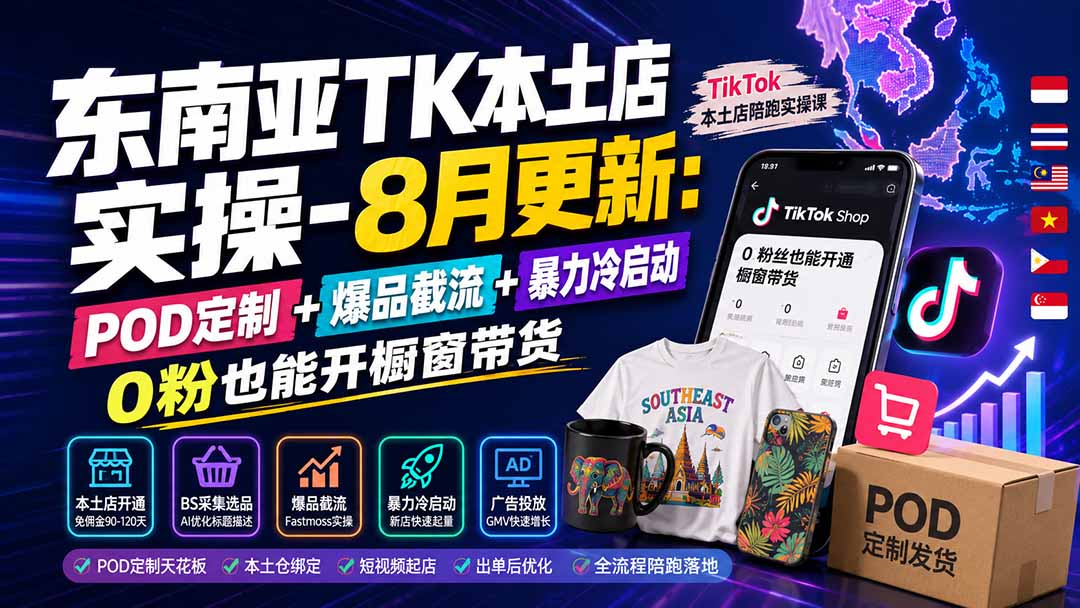 东南亚TK本土店实操-8月更新：POD定制+爆品截流+暴力冷启动，0粉也能开橱窗带货-三禾网络