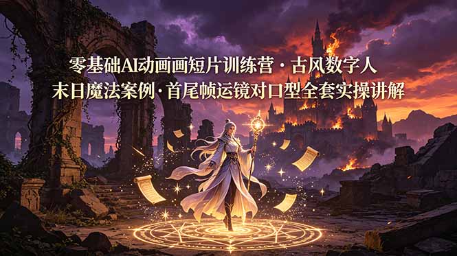 零基础AI动画短片训练营，古风数字人末日魔法案例，首尾帧运镜对口型全套实操讲解-三禾网络